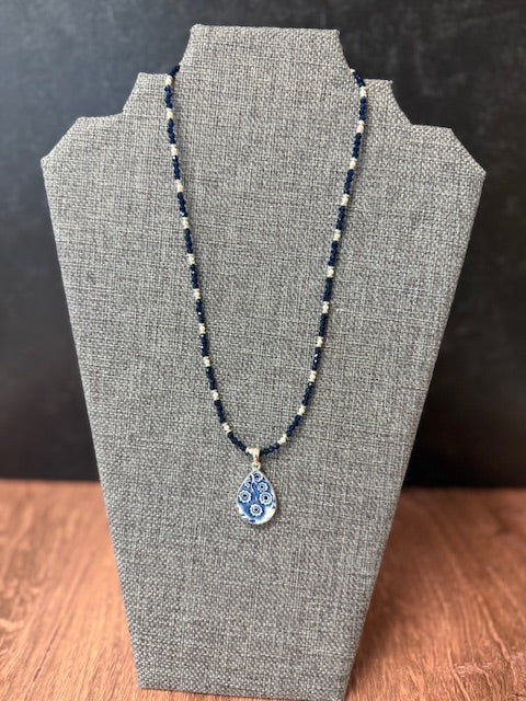 JANNIES JEWELS - 164 SILVER BLUE SPINEL AND PORCELAIN NECKLACE