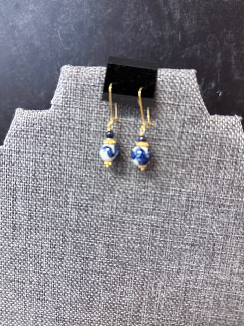 JANNIES JEWELS - 133 GOLD LAPIS AND PORCELAIN BEAD EARRINGS