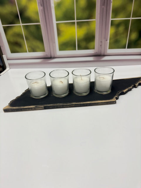 BLACK WOOD STATE OF TENNESSEE VOTIVE HOLDER WITH GLASS VOTIVES