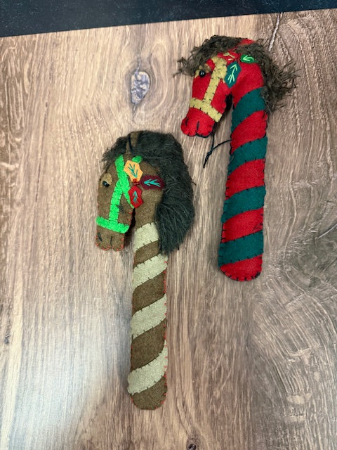 CHRISTMAS FELTED WOOL HORSE CANDY CANE ORNAMENTS - ASSORTED