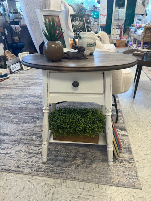 HANDPAINTED WHITE OVAL SIDE TABLE WITH WALNUT STAINED OAK TOP