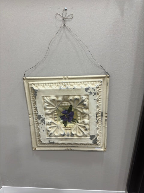 VINTAGE PAINTED METAL TIN CEILING TILE - PURPLE FLOWER