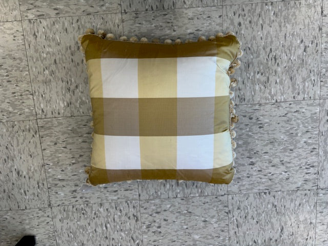 GOLD, YELLOW AND CREAM PLAID SILK PILLOW WITH BALL FRINGE