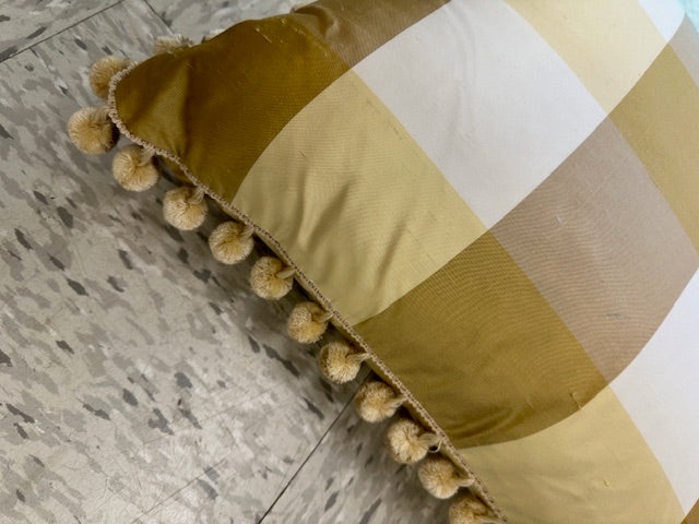 GOLD, YELLOW AND CREAM PLAID SILK PILLOW WITH BALL FRINGE