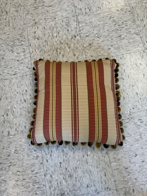 GOLD AND RED STRIPED PILLOW WITH BALL FRINGE