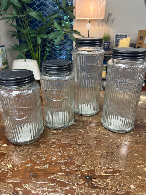 VINTAGE RIBBED HOOSIER GLASS JARS WITH BRONZE TOP - ASSORTED: FLOUR, SUGAR, COFFEE & TEA