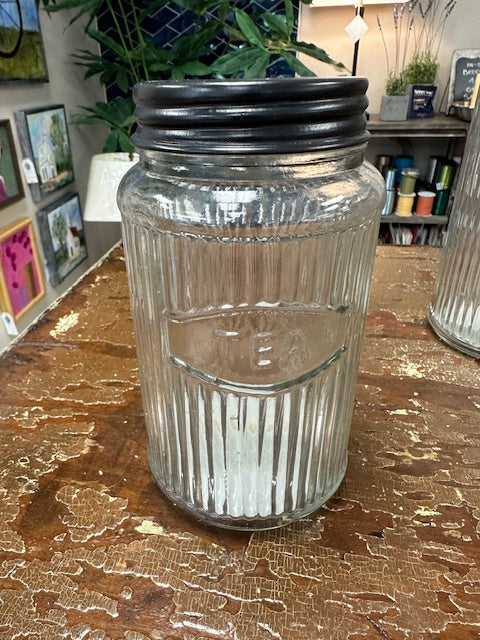 VINTAGE RIBBED HOOSIER GLASS JARS WITH BRONZE TOP - ASSORTED: FLOUR, SUGAR, COFFEE & TEA