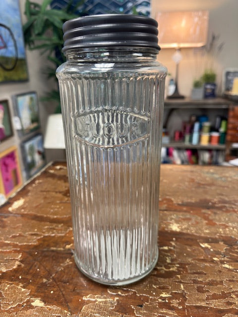 VINTAGE RIBBED HOOSIER GLASS JARS WITH BRONZE TOP - ASSORTED: FLOUR, SUGAR, COFFEE & TEA
