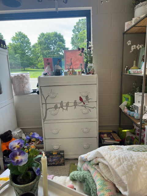 HANDPAINTED WHITE DRESSER WITH GREY & RED BIRDS