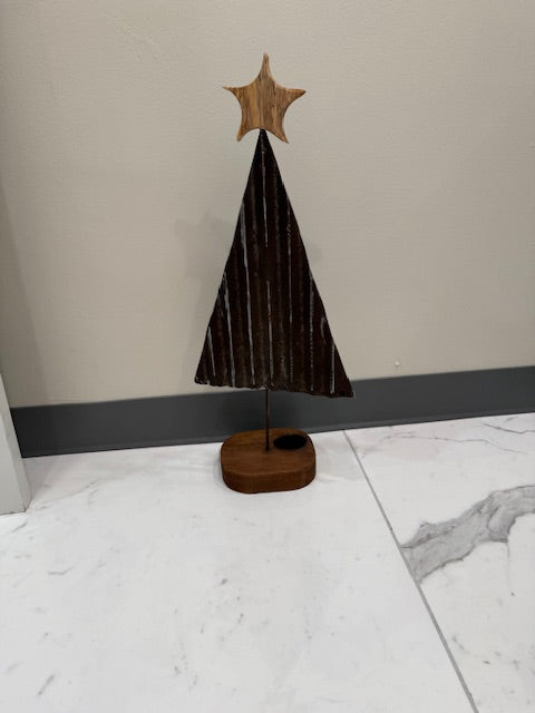 LOCALLY MADE BY JINGO WORKS - METAL CHRISTMAS TREE ON STAND WITH WOOD STAR
