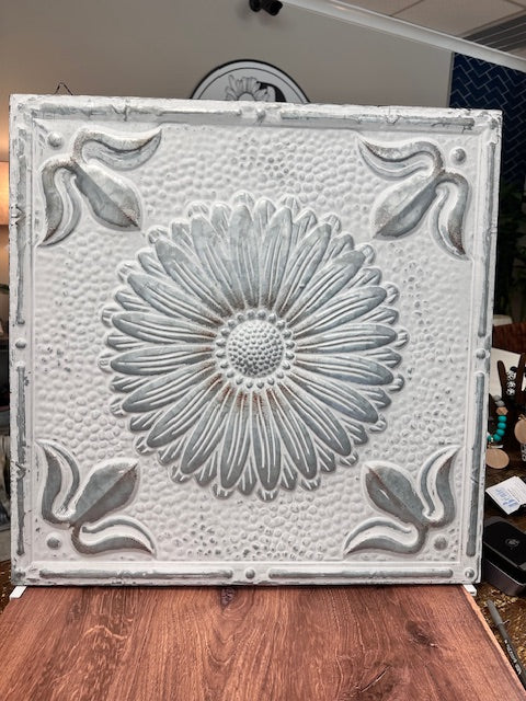 DISTRESSED WHITE EMBOSSED METAL SUNFLOWER WALL ART