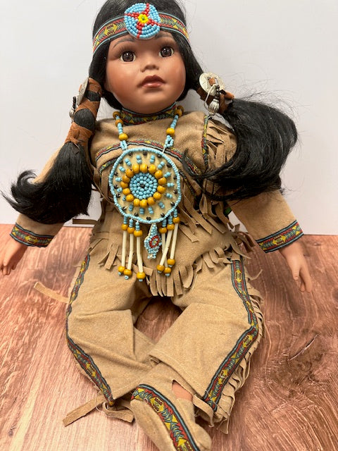 VINTAGE TIMELESS COLLECTION NATIVE AMERICAN INDIAN DOLL WITH BUCKSKIN BEADED OUTFIT - LIMITED EDITION