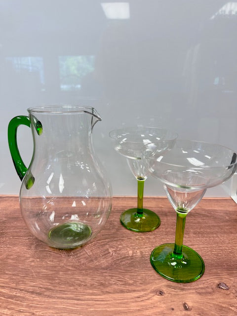 VINTAGE 1999 CLEAR AND GREEN ACRYLIC MARGARITA PITCHER AND TWO GLASSES - SET