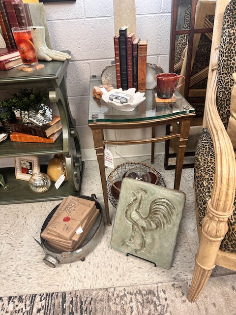 GLASS & ANTIQUE BRASS END TABLE