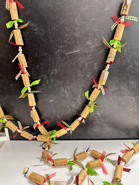 HOLIDAY 12' WINE CORK GARLAND WITH RIBBONS AND BEADS BY DEE - ASSORTED