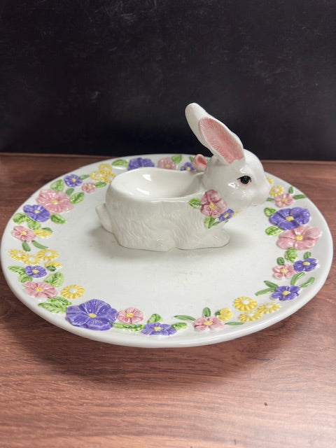 VINTAGE EASTER FLORAL SERVING PLATE WITH BUNNY BOWL