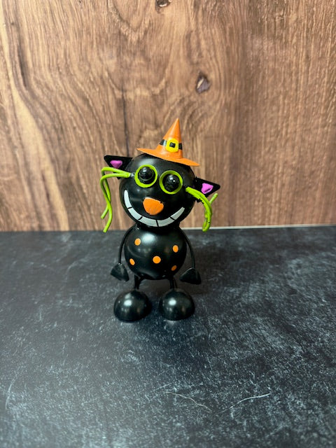 METAL BLACK CAT WITH ORANGE WITCHES HAT