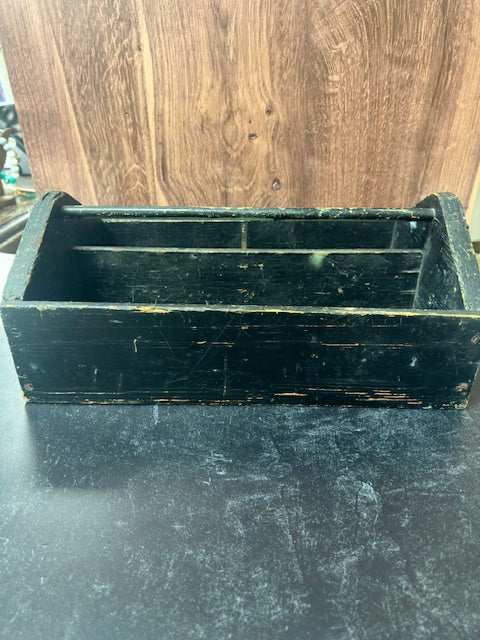 VINTAGE PAINTED DISTRESSED BLACK TOOL CADDY 16" x 10" x 6 1/2"