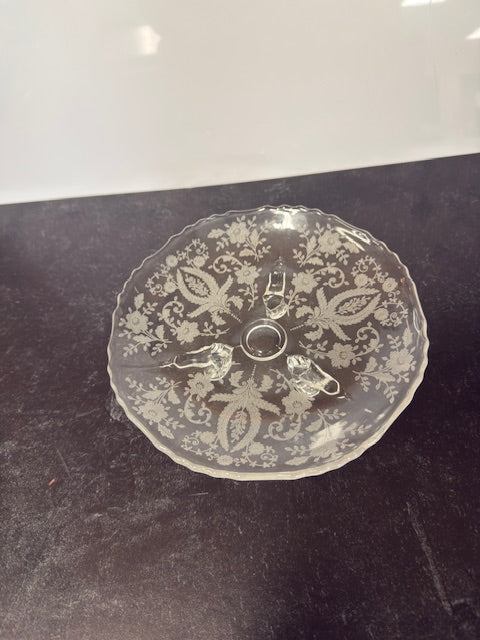 VINTAGE CLEAR DEPRESSION GLASS ETCHED 3 FOOTED FRUIT BOWL