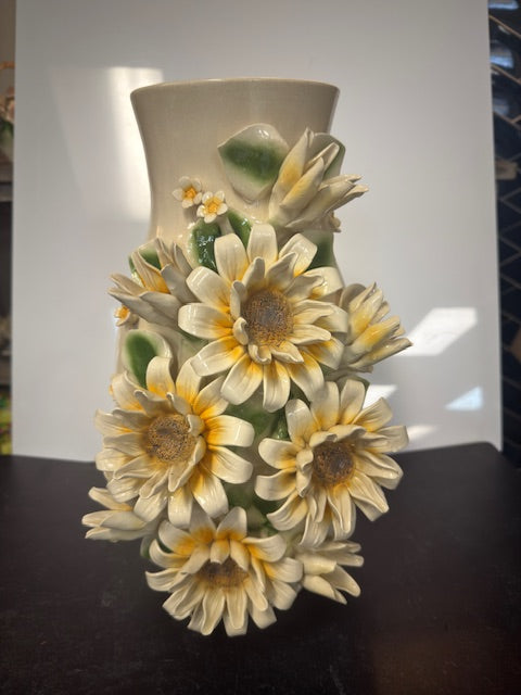 VINTAGE RAISED FLORAL VASE - 8"DIA x 16" TALL