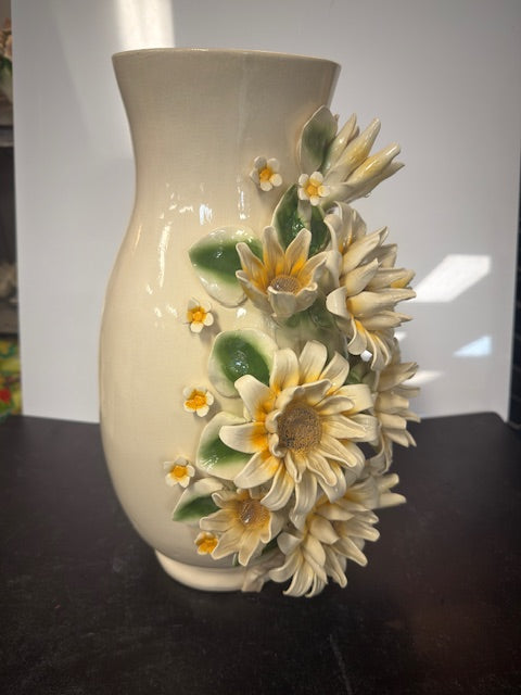 VINTAGE RAISED FLORAL VASE - 8"DIA x 16" TALL