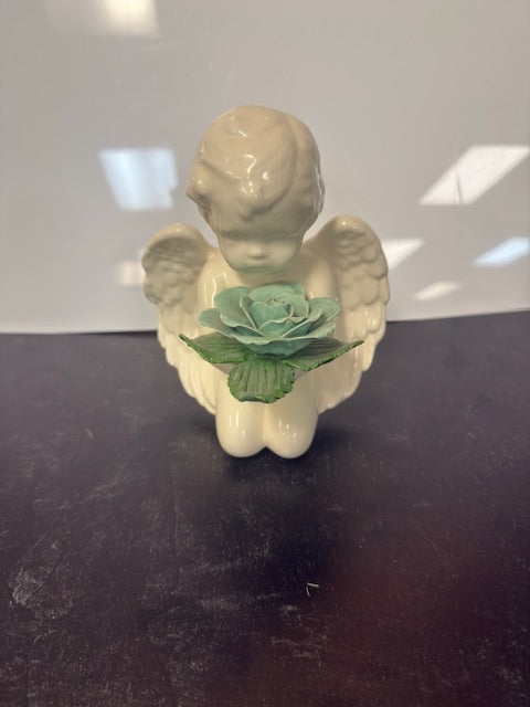 CHERUB GUARDIAN ANGEL FIGURINE WITH PORCELAIN ROSE - VINTAGE 1980'S