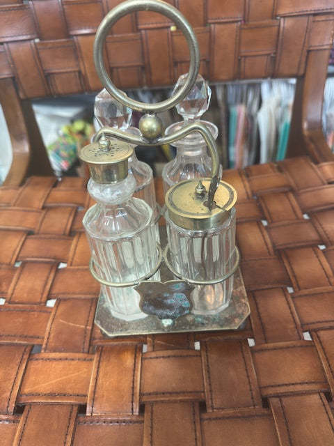VINTAGE SILVER PLATED CONDIMENT CRUET SET WITH CRYSTAL STOPPERS AND GLASS JARS