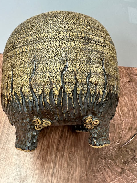 POTTERY BY SARAH FORNO - BROWN CRACKLED FOOTED VASE W/FLAMES 6 1/2"D x 6 1/2"T