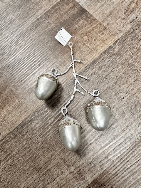 SILVER GLITTER ACORN BRANCH ORNAMENT