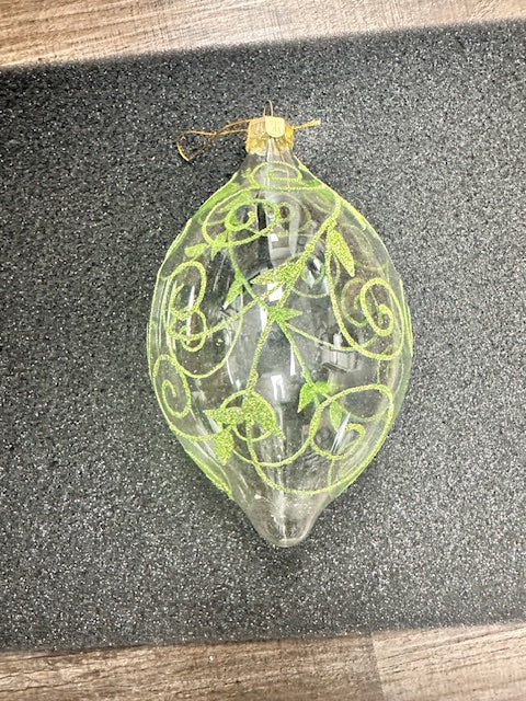 GLASS ORNAMENT WITH GREEN GLITTER SWIRLS