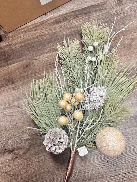 ICED GREENERY WITH GOLD BERRIES AND WHITE PINECONES SPRAY