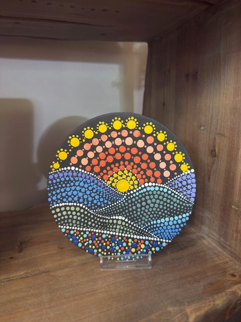 HANDPAINTED DOT ART BY JOAN HATCHER - 6" DIA. SUNSET