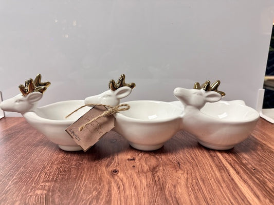 3 SECTION WHITE AND GOLD REINDEER BOWL