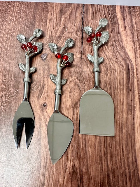 MISTLETOE WITH RED BERRY METAL CHEESE KNIVES - SET OF 3