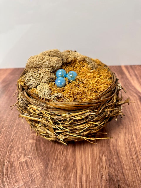 CHRISTMAS BIRD'S NEST W/BLUE EGGS 6"DIA. x 4"T