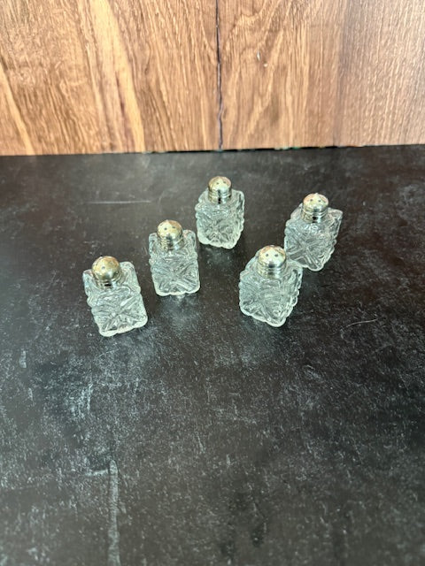 VINTAGE TINY SILVER PLATED CRYSTAL SALT AND PEPPER SHAKERS