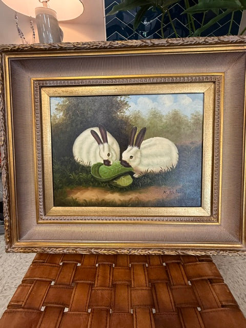 REPRODUCTION OLEOGRAPH PAINTING "TWO HIMALAYAN RABBITS' BY P. ROLENCE