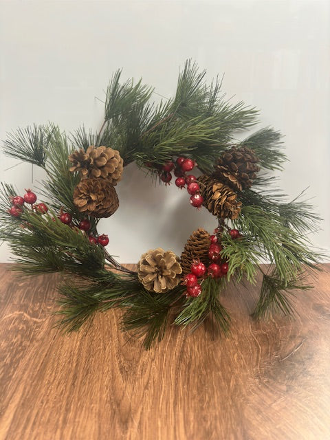 MINI 12" WREATH WITH RED BERRIES AND PINECONES