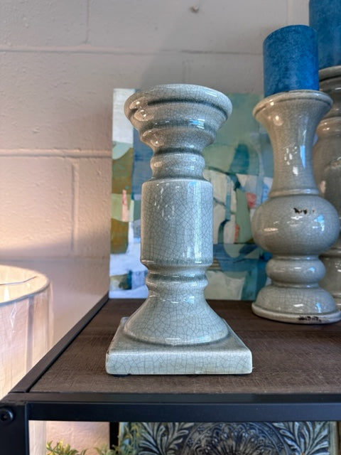 CERAMIC CANDLE HOLDER - CRACKLED GREY - 4.5"W x 9"T