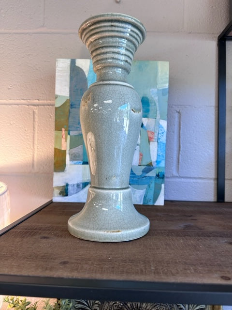 CERAMIC CANDLE STICK - CRACKLED GREY - 5.5"W x 13"H