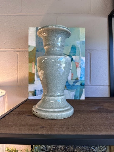 CERAMIC CANDLE STICK - CRACKLED GREY - 5"W x 10"H