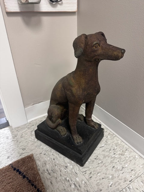 DOG ENTRY STATUE - BRONZE-LIKE FINISH ON STAND