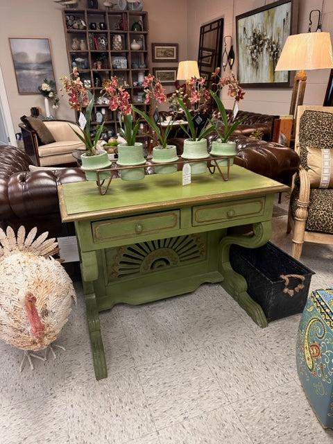 RUSTIC SOUTH AMERICAN PAINTED CONSOLE TABLE WITH LION FOOT