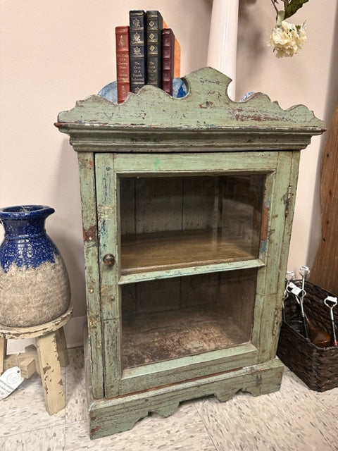 ANTIQUE COUNTER TOP MEDICINE CABINET - DISTRESSED MINT PAINT FINISH