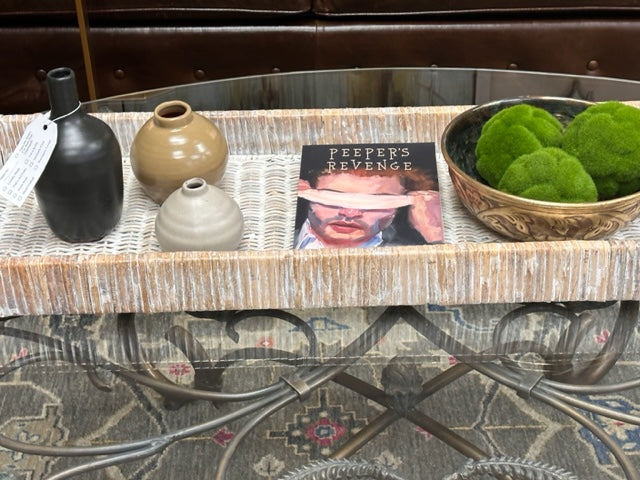 DECORATIVE RATTAN TRAY WITH METAL HANDLES