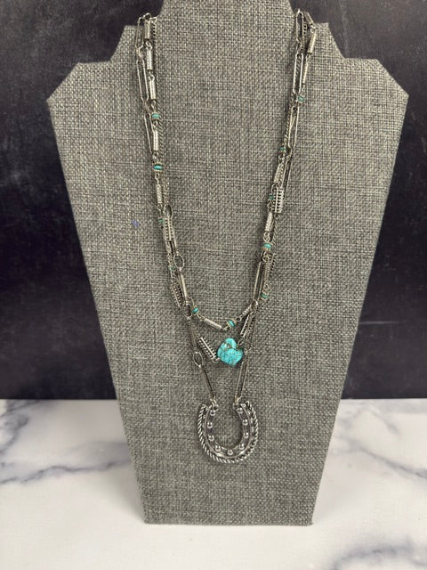 VINTAGE MARKED IDYLL WIND SILVER TONE WITH NATURAL TURQUOISE BEADS W/HORSESHOE PENDANT