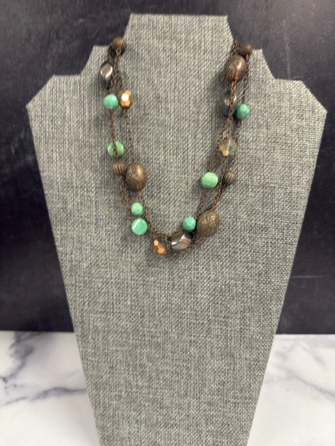 VINTAGE MULTI STRAND BRONZE AND FAUX TURQUOISE ACCENT BEADS NECKLACE