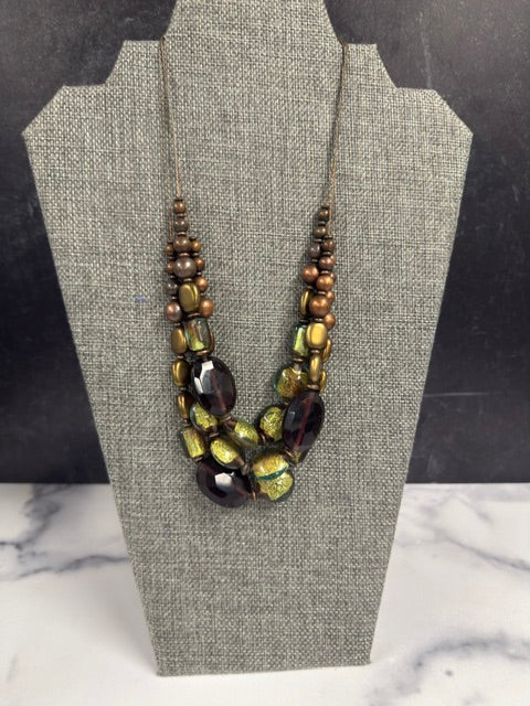 VINTAGE MULTI STRAND WITH IRIDESCENT ITALIAN FOIL GLASS BEADS IN SHADES OF PURPLE AND GREEN