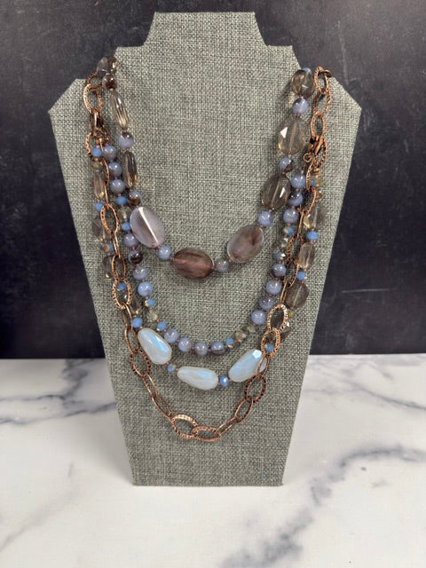 VINTAGE ENGLISH ROSE MULTI STRAND PURPLE, BLUE AND BROWN GLASS BEADS WITH COPPER CHAINS NECKLACE