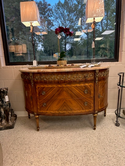 REPRODUCTION FRENCH LOUIS XV STYLE DEMI-LUNE COMMODE WITH MARBLE TOP